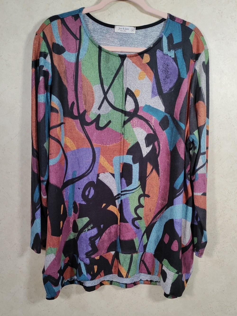 H173 Jess & Jane Multicolor Abstract Print Long Sleeve Lightweight Sweater 1X